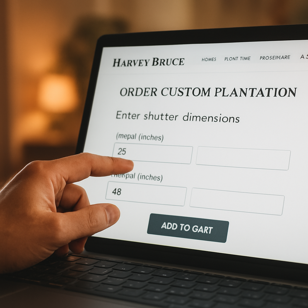 A close‑up of a hand entering shutter dimensions into an online order form on a laptop screen. Alt: how to measure for plantation shutters order calculator