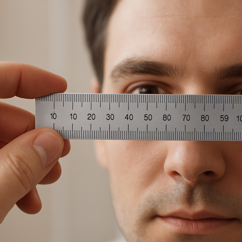 A close‑up of a hand holding a millimetre ruler against a mirror, showing the eyes in reflection. Alt: measuring pupillary distance at home.