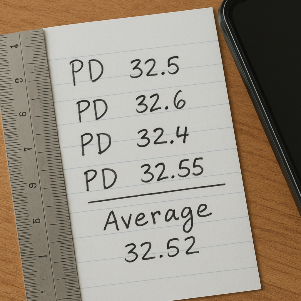 A close‑up of a handwritten note showing several pupillary distance measurements side by side, with a ruler and a smartphone nearby. Alt: “Recording and averaging PD measurements for accurate glasses ordering”