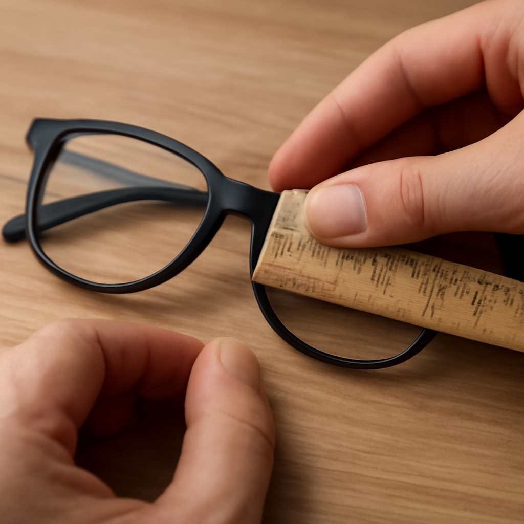 A person measuring the temple length of glasses on a desk with a ruler, focusing on the hinge area. Alt: Measuring temple length on glasses
