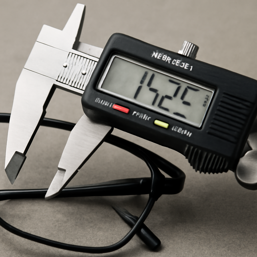 A close‑up photo of a digital caliper resting on a pair of glasses, showing the clear digital display. Alt: Digital caliper measuring glasses temple length.