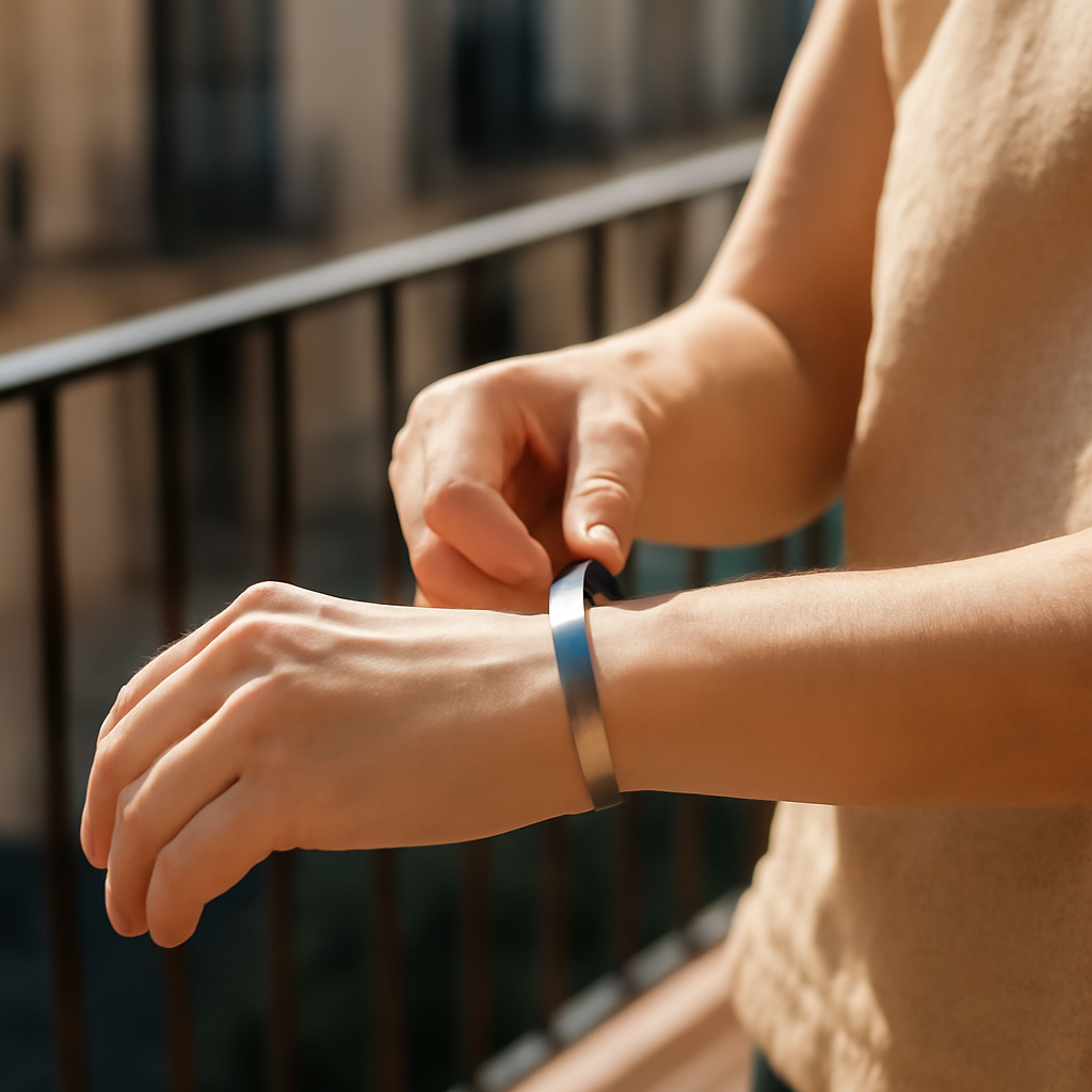 A woman gently sliding a lightweight titanium bracelet over a smooth wrist while walking on a sunlit balcony. Alt: Comfortable bracelet fit on a woman's wrist