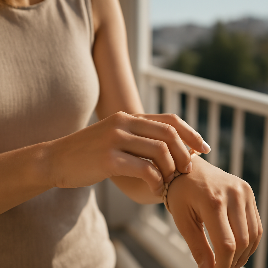 A woman gently sliding a lightweight titanium bracelet over a smooth wrist while walking on a sunlit balcony. Alt: Comfortable bracelet fit on a woman's wrist