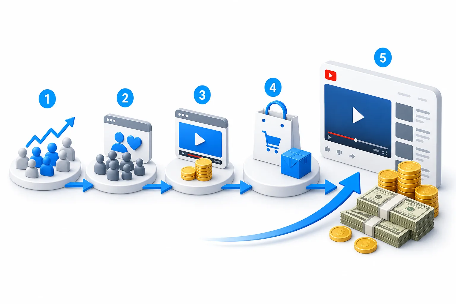 How to monetize a YouTube channel through five income steps.