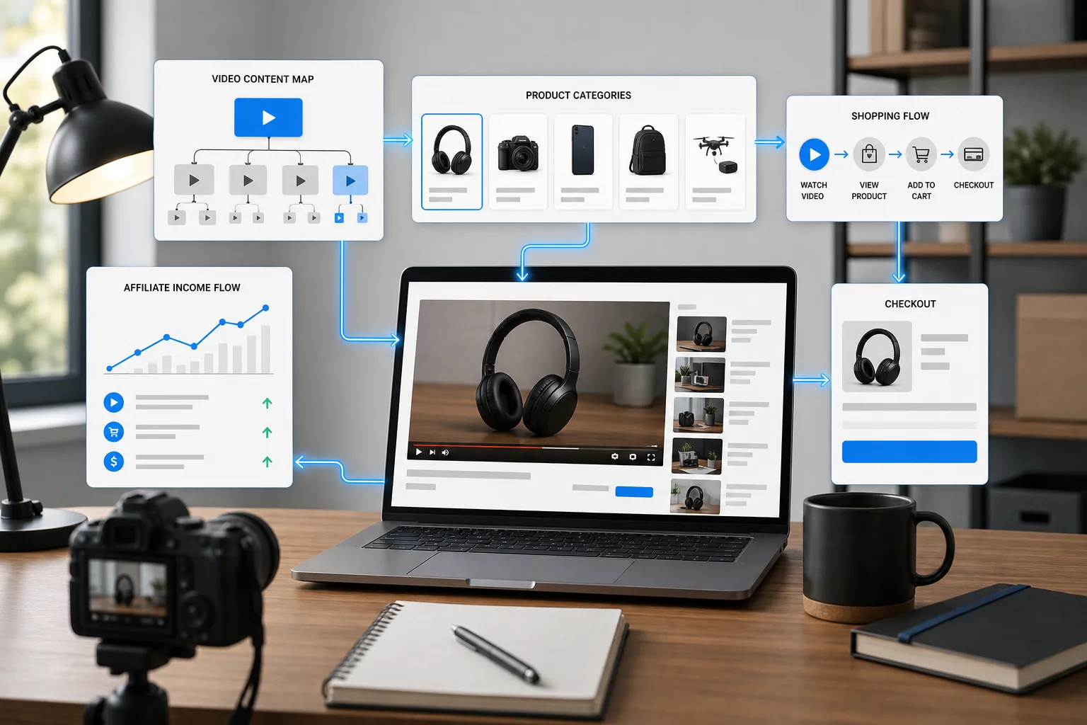 YouTube Shopping and affiliate income flow from video to customer.