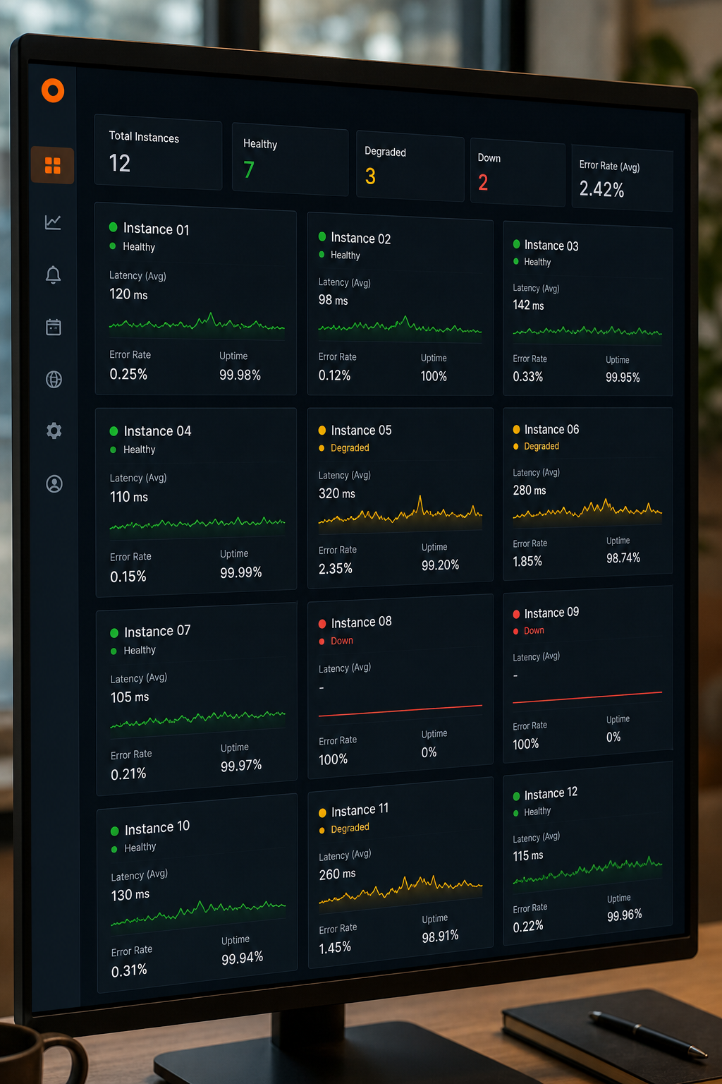 A realistic dashboard interface showing multiple SaaS instance health cards, green, yellow, red, with latency and error metrics in a unified view. Alt: Unified monitoring dashboard for multiple SaaS instances.