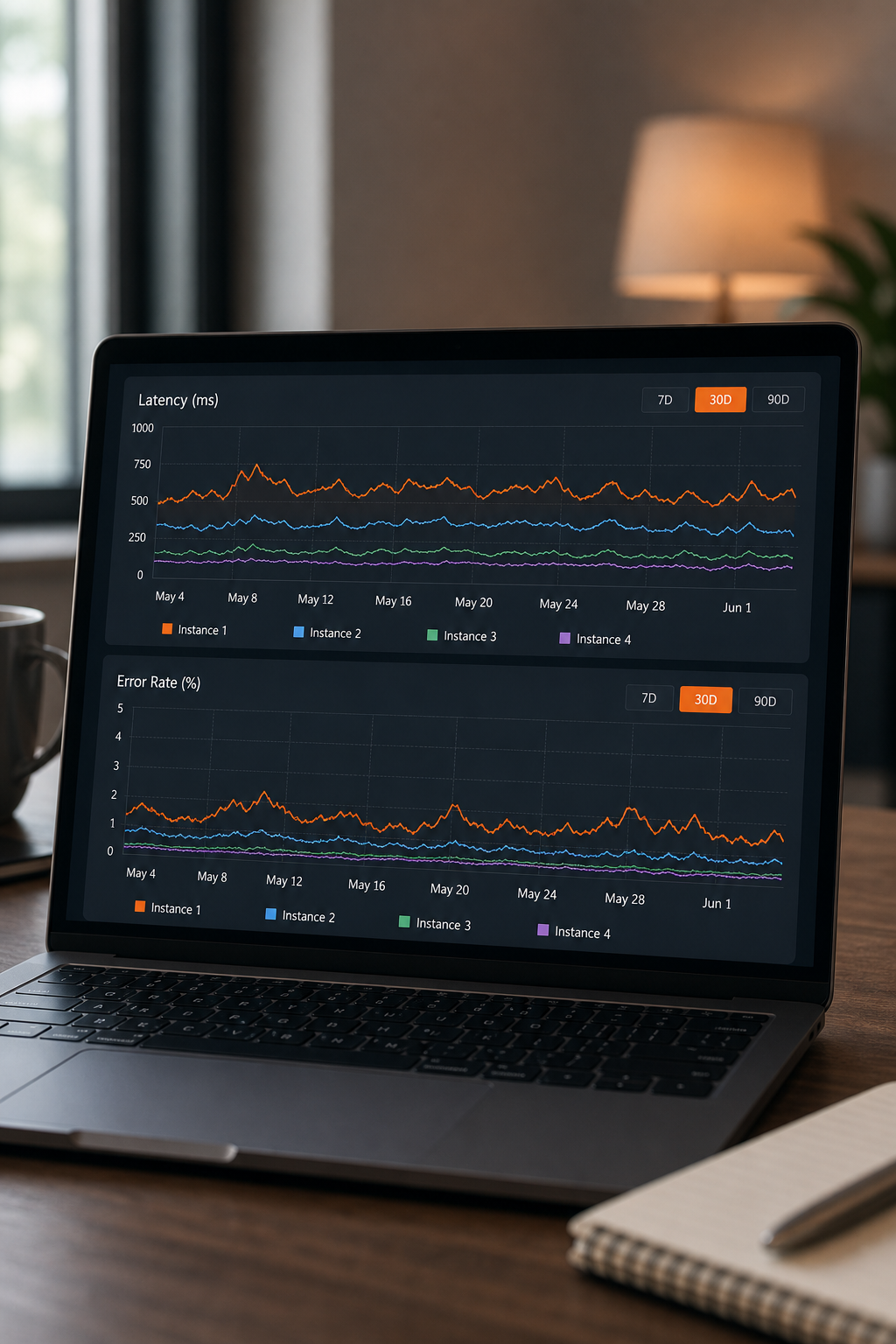 A cross-instance analytics dashboard with line charts comparing latency and error rates across four SaaS instances over a 30-day period. Alt: Cross-instance reporting dashboard comparing performance metrics.