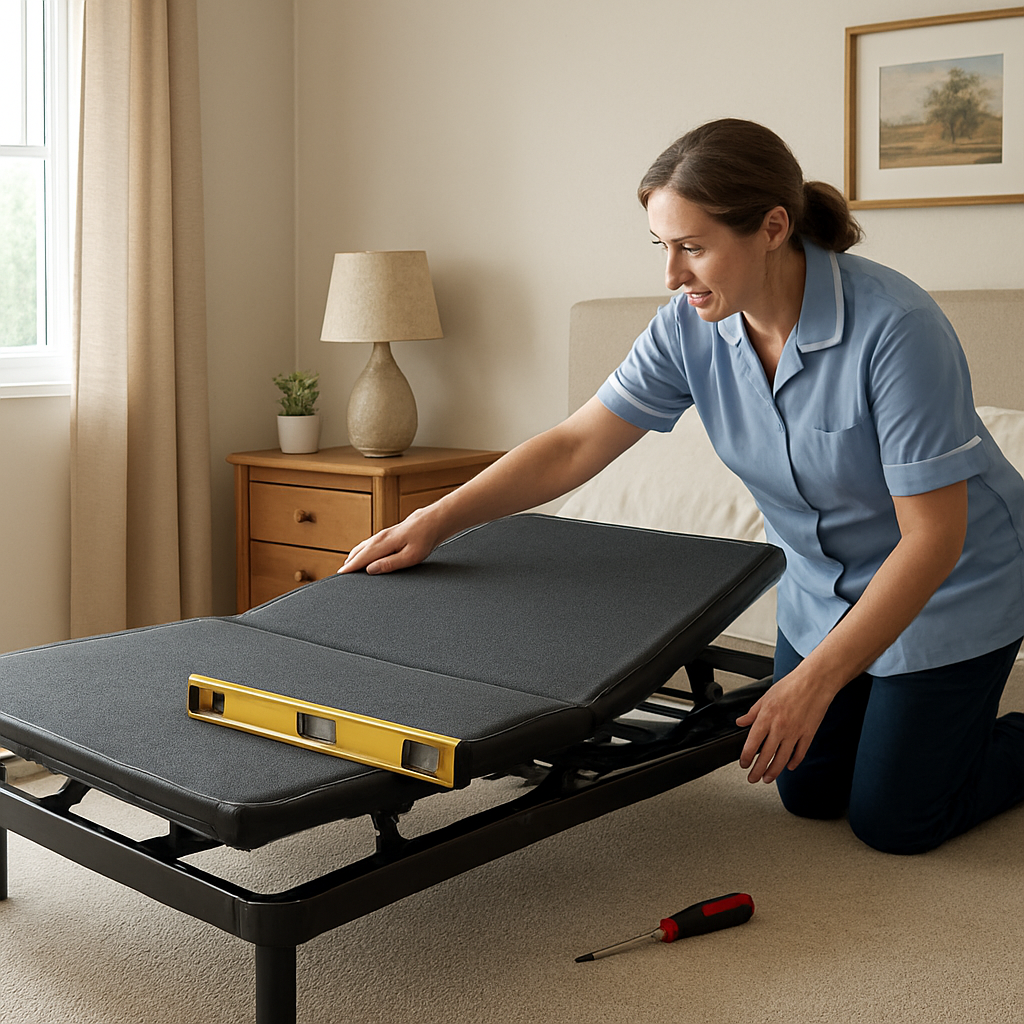 A photorealistic scene of an Australian bedroom with an adjustable bed base freshly reassembled, a spirit level resting on the frame, a screwdriver nearby, and a caregiver gently testing the head‑raise function. Alt: Final checks and maintenance after moving an adjustable bed base.