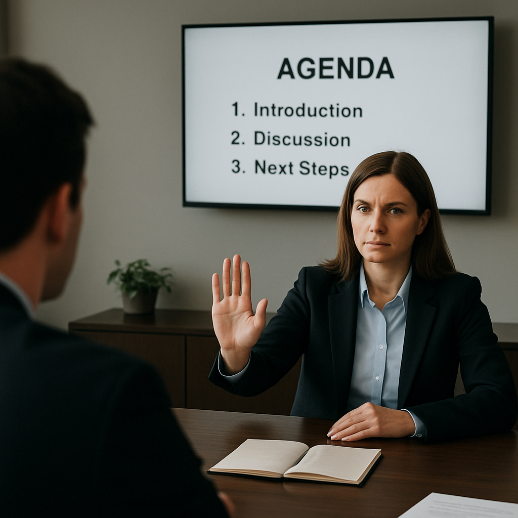 A professional negotiator setting a boundary in a meeting room with a clear agenda displayed on a screen. Alt: Negotiator setting firm boundaries