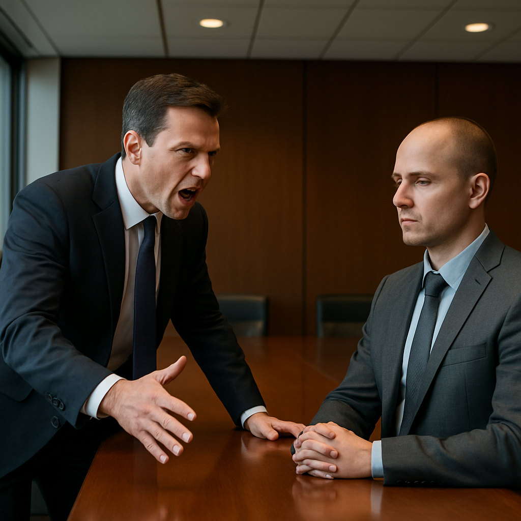 A corporate boardroom where a negotiator stands still like a gray rock, while a charismatic but domineering counterpart looks frustrated. Alt: Negotiation with a narcissist, gray-rock technique