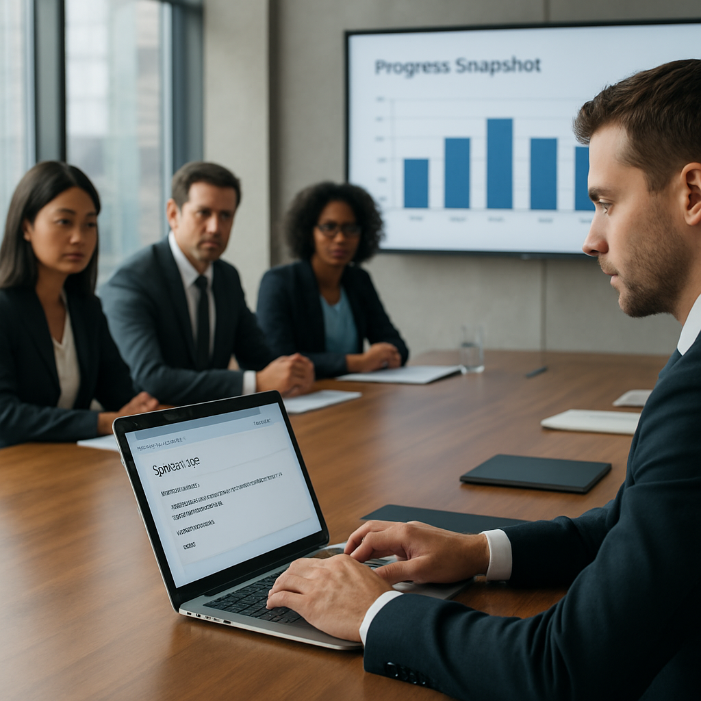 A modern boardroom where a negotiator sends a concise follow‑up email while a team reviews a progress snapshot. Alt: Follow‑up tactics to keep momentum in negotiation.