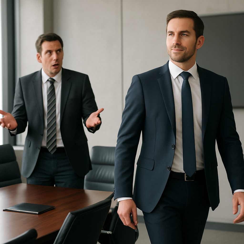 A corporate negotiator standing in a modern boardroom, confidently stepping away from a table while a narcissistic counterpart looks surprised. Alt: Negotiation walk‑away moment