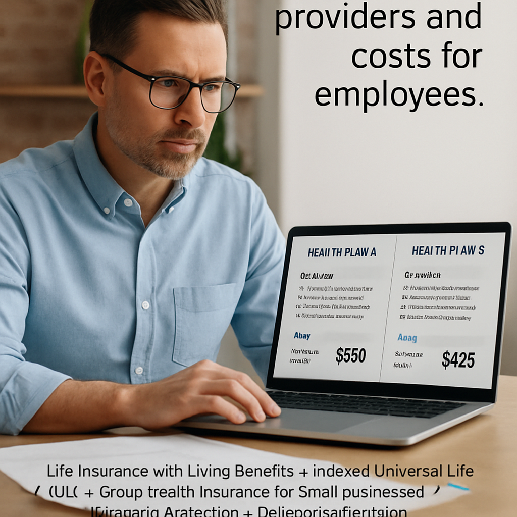 A small business owner reviewing side‑by‑side health plan quotes on a laptop, comparing costs and coverage. Alt: Compare health insurance providers and costs for employees