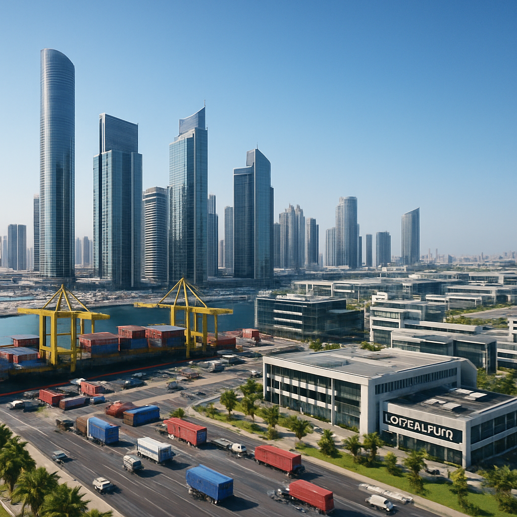 A modern Dubai free zone skyline with sleek office towers, bustling port activity, and tech campuses. Alt: Dubai free zone business hub with diverse industry facilities.