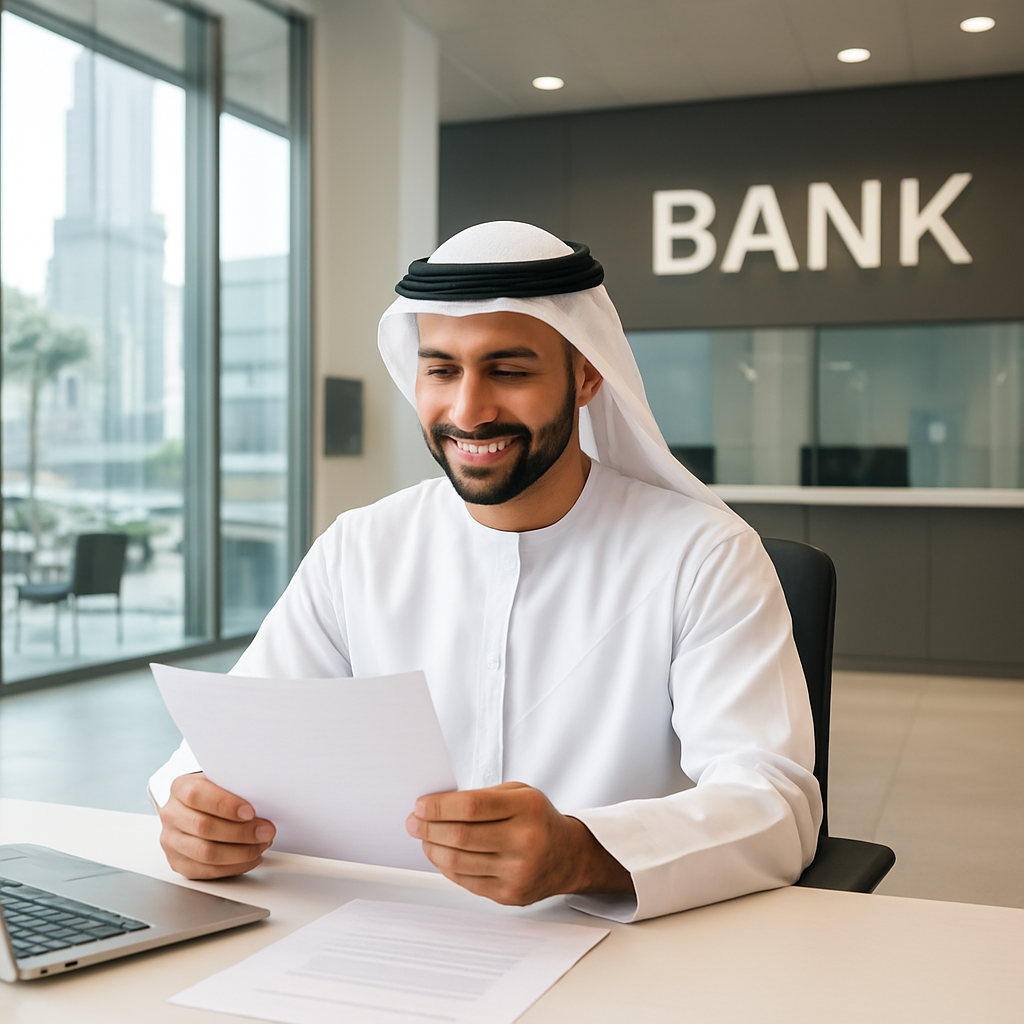 A sleek modern bank branch interior in Dubai with a smiling business owner reviewing paperwork at a desk. Alt: Opening a corporate bank account in Dubai free zone.