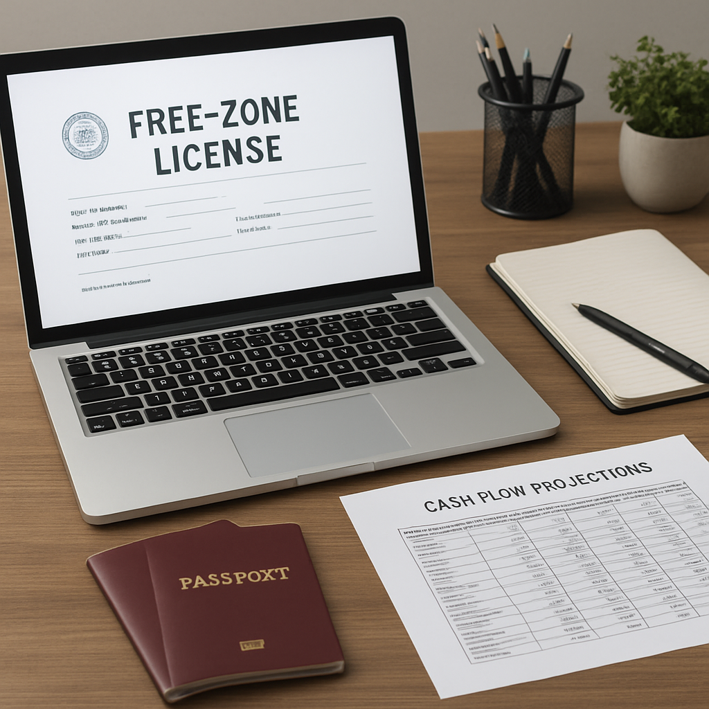 A professional desk setup with a laptop displaying a free‑zone license, passport copies, and a spreadsheet of cash‑flow projections. Alt: How to open corporate bank account in UAE for free zone company checklist