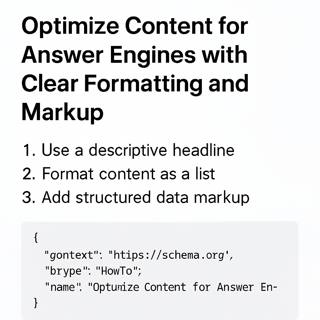 A clean, modern webpage screenshot showing a headline, a numbered how‑to list, and JSON‑LD schema code highlighted. Alt: Optimize content for answer engines with clear formatting and markup.
