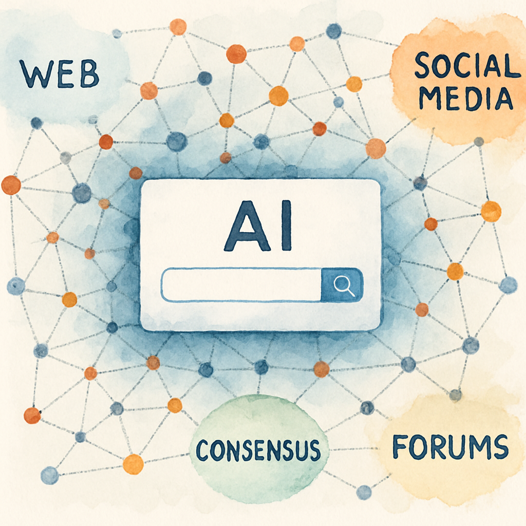 A conceptual AI search engine visual showing interconnected data points across web, social media, and forums forming a consensus. Alt: Visual representation of AI search engine crawling multiple data sources to build consensus for search results.