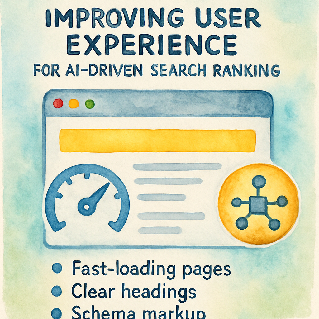A website design showing fast-loading pages, clear headings, bullet points, and a schema markup icon. Alt: Improving user experience for AI-driven search ranking with fast, clear, and structured website design.