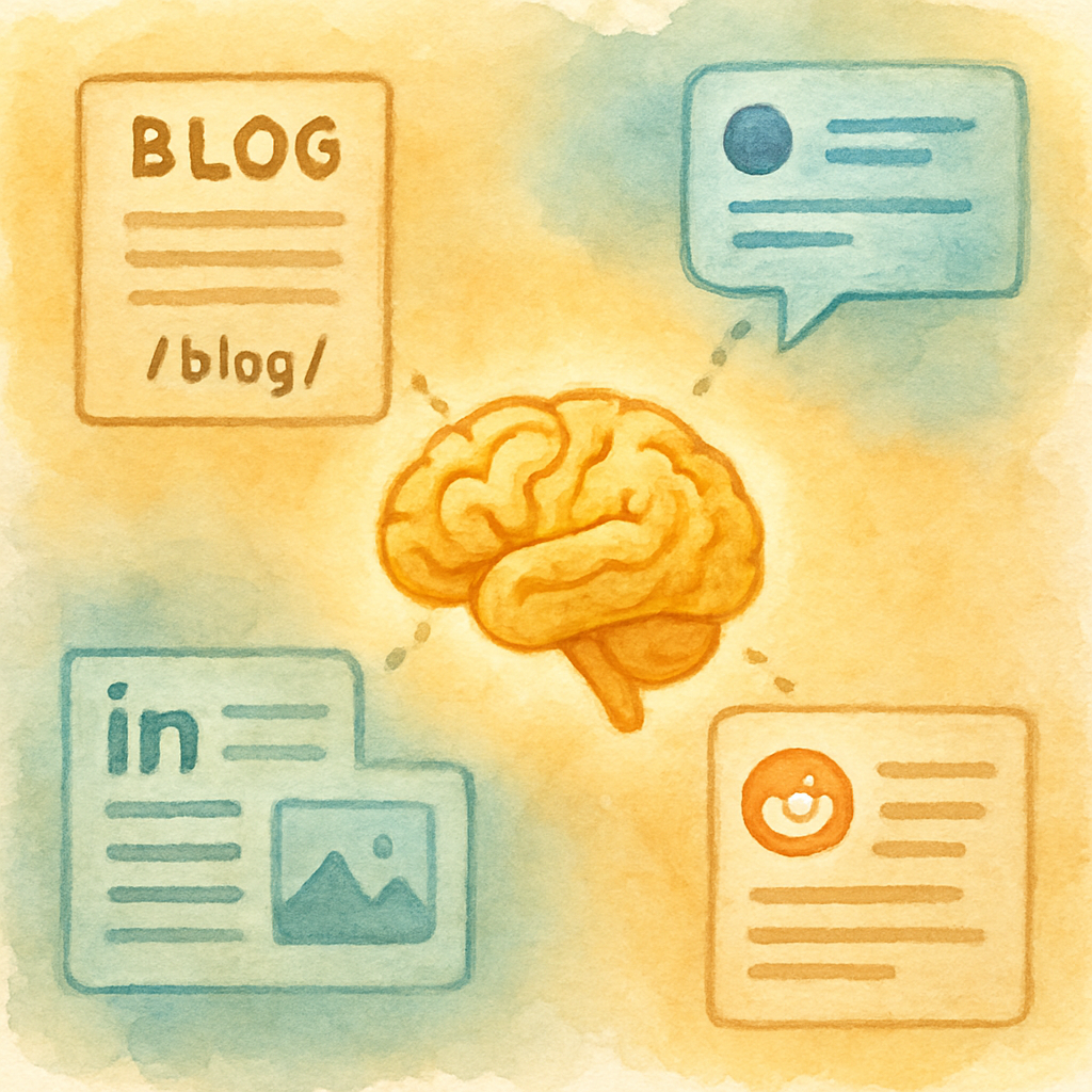 A stylized illustration of a web of content pieces (blog post, tweet, LinkedIn carousel, Reddit comment) radiating toward a glowing AI brain, representing consensus for SGE. Alt: Understanding SGE basics – content consensus diagram