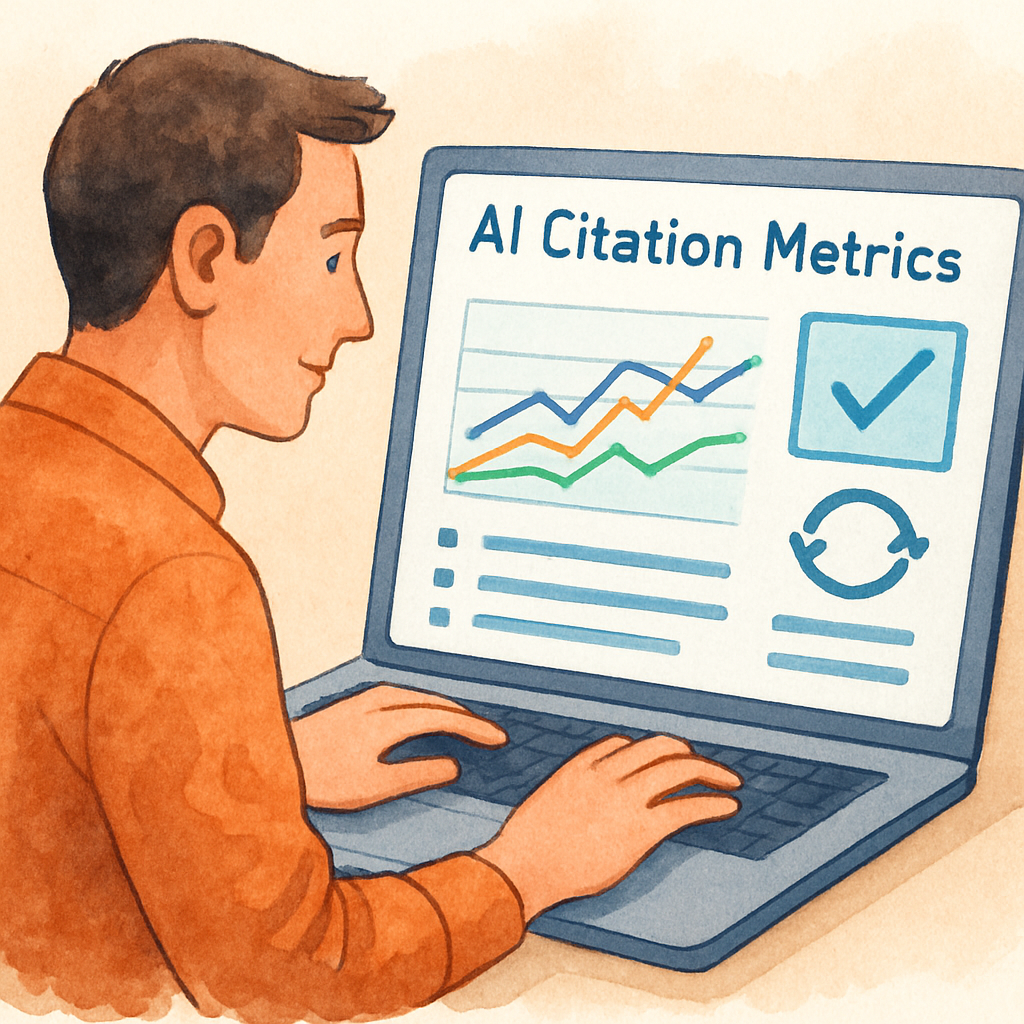 An illustration of a marketer checking a laptop screen with graphs of AI citation metrics, highlighting a checklist and a looping feedback cycle. Alt: Monitoring and iterating SGE performance dashboard with citation stats and traffic lift.