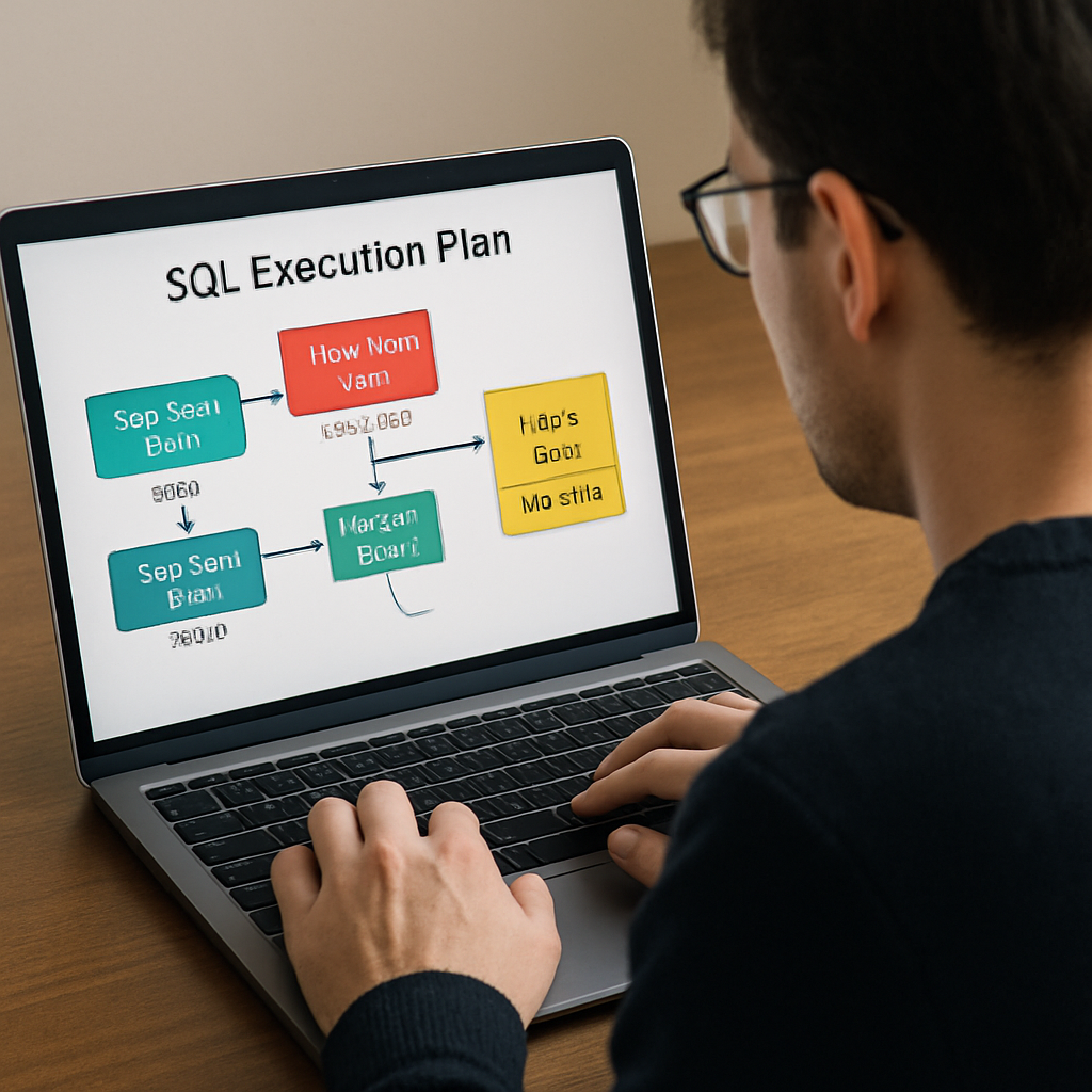 A developer looking at a colorful SQL execution plan diagram on a laptop screen, highlighting slow joins and missing indexes. Alt: Assessing SQL query performance with execution plan visualization.