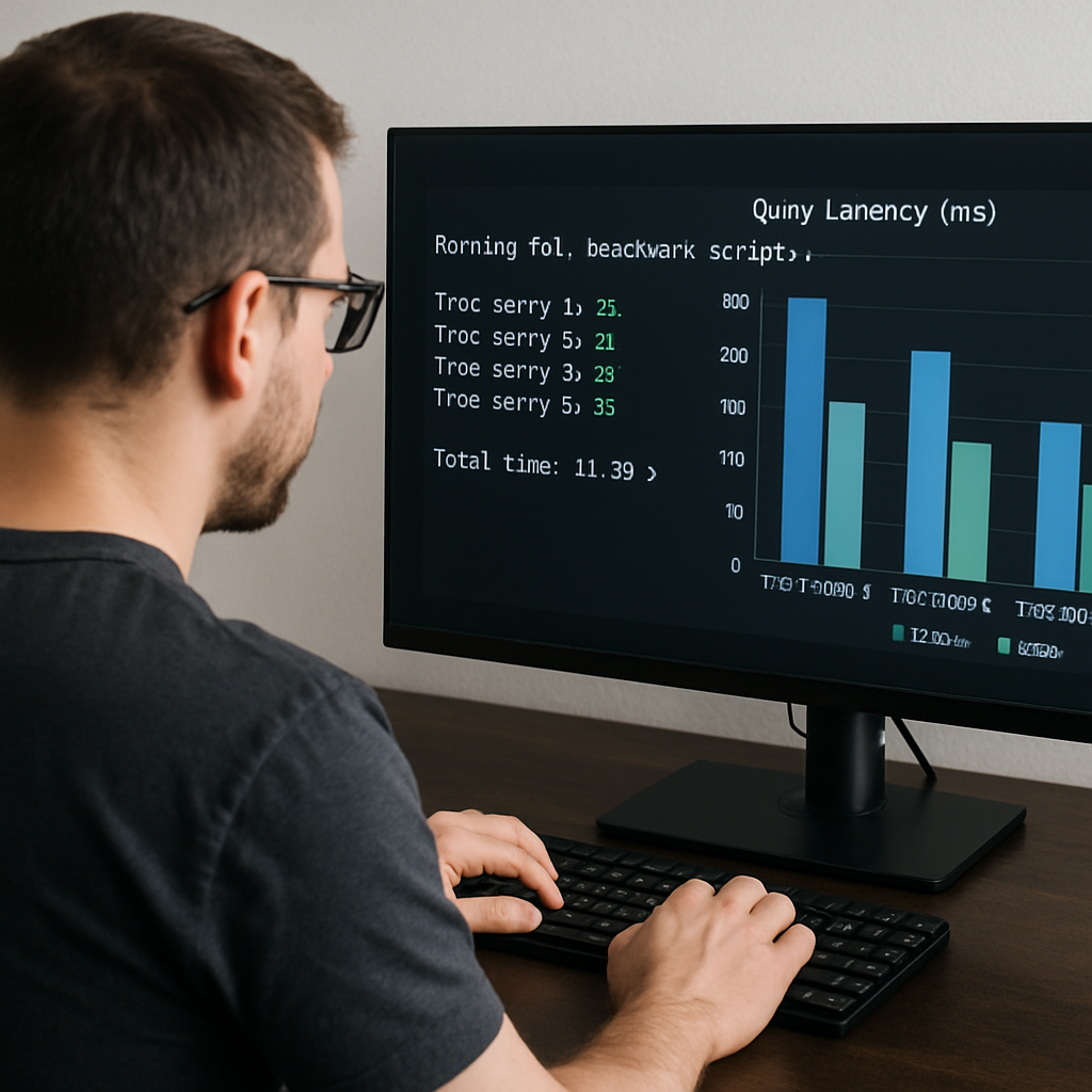 A developer running SQL benchmark scripts on a terminal, with charts showing before‑and‑after query latency. Alt: Test and validate optimized SQL queries with AI suggestions.