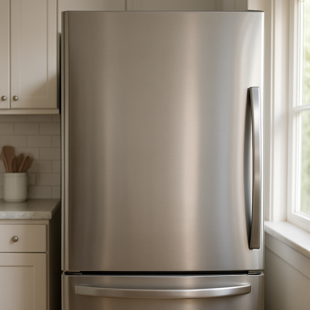 A bright kitchen fridge door cleared of all magnets, a clean stainless‑steel surface gleaming under soft morning light. Alt: Clean fridge surface ready for magnet organization