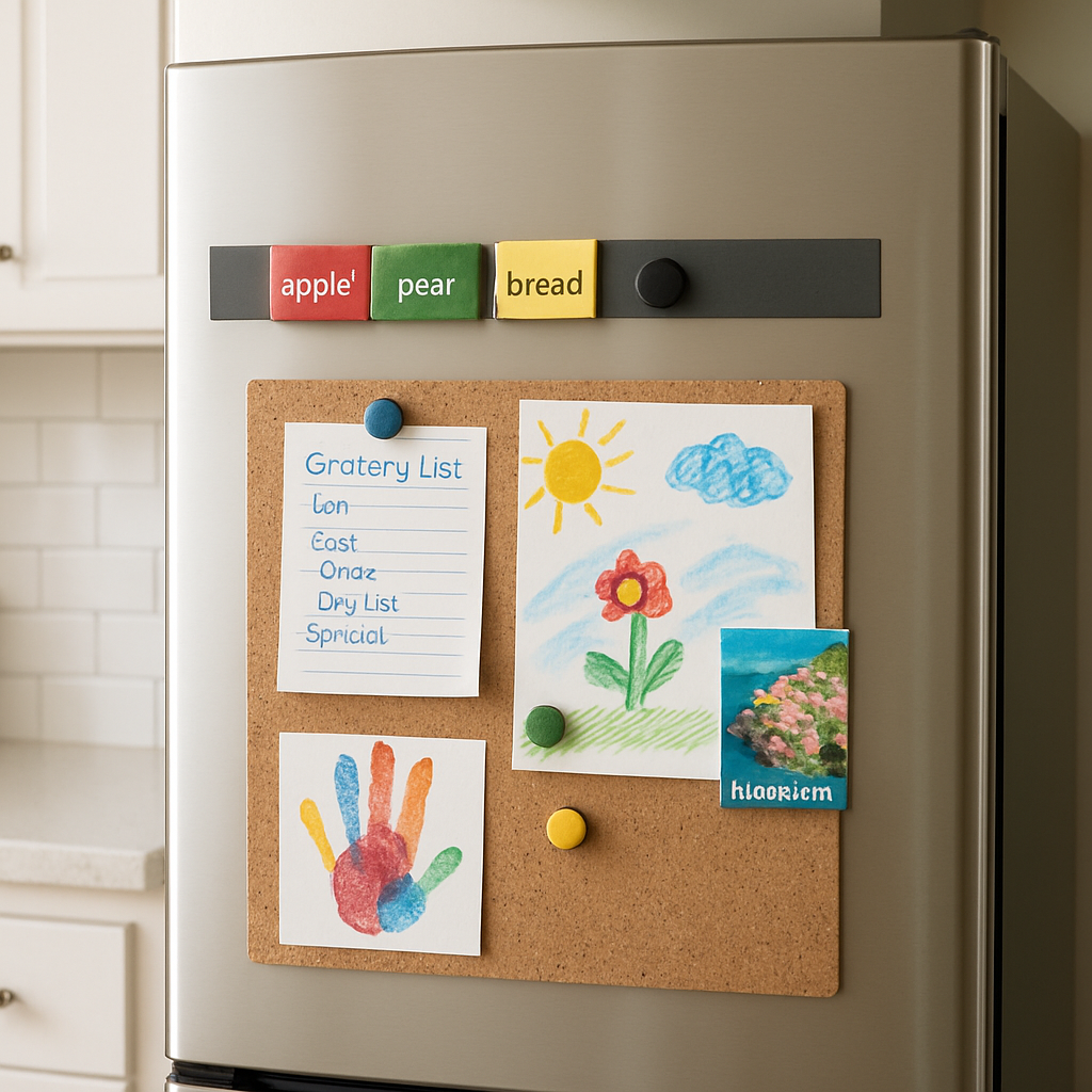 A bright kitchen fridge door with a sleek magnetic strip running horizontally near eye level, plus a removable magnetic cork board holding a mix of grocery list magnets, kids' artwork, and a seasonal travel souvenir. Alt: Install magnetic strips or board to organize fridge magnets