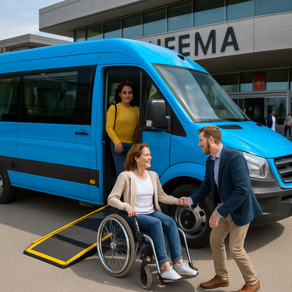 A bright blue shuttle bus with wheelchair ramp parked in front of IFEMA entrance, attendees boarding with smiles. Alt: Group transportation permits insurance accessibility IFEMA