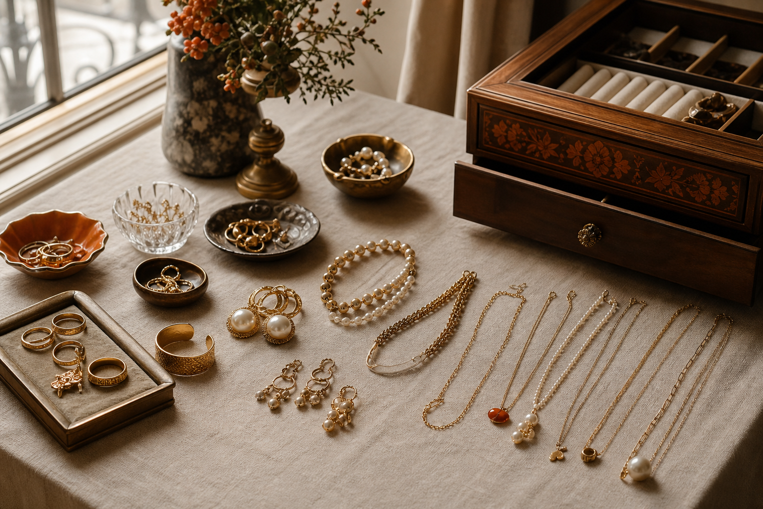 jewelry sorted by type and frequency before organizing a jewelry box.