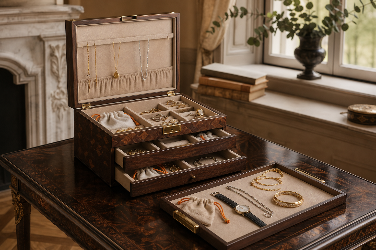 organized jewelry box with daily-use tray and protected keepsake storage.
