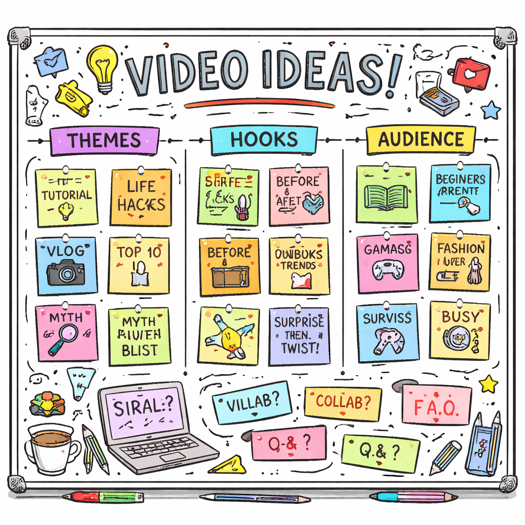 A doodle illustration of a creator’s brainstorming board filled with sticky‑note style ideas labeled by theme, hook type, and audience segment, bright colors, playful hand‑drawn style. Alt: doodle of organized YouTube video ideas board