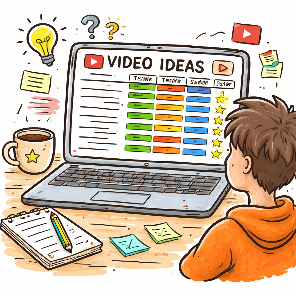 A doodle illustration of a creator looking at a colorful scoring grid on a laptop, rows marked with scores and colored bars, alt: scoring system dashboard for organizing YouTube video ideas