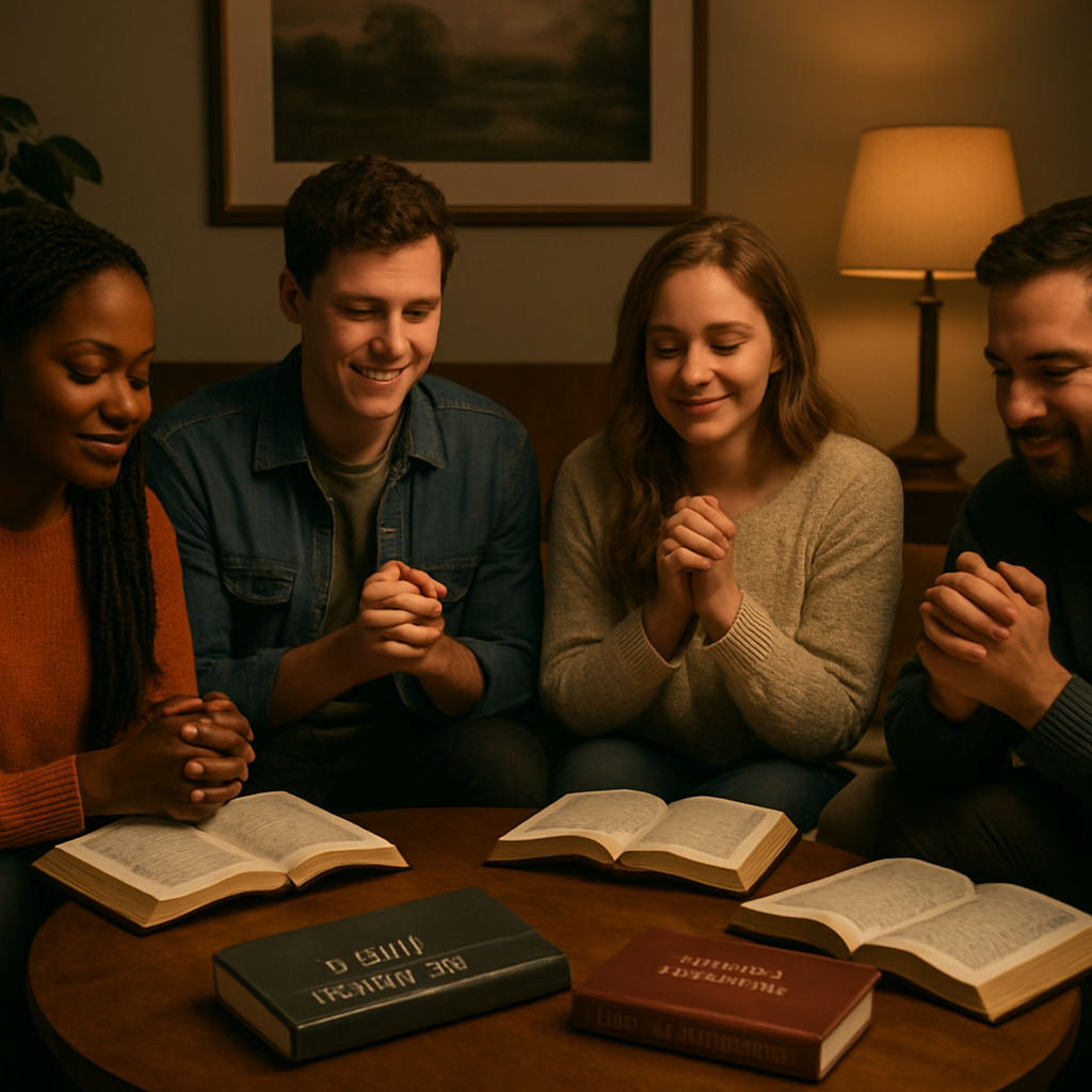 A cozy living room scene with a small group of friends gathered around a coffee table, each holding a notebook with a Bible verse highlighted, smiling and praying together. Alt: Community support for overcoming anxiety with scripture