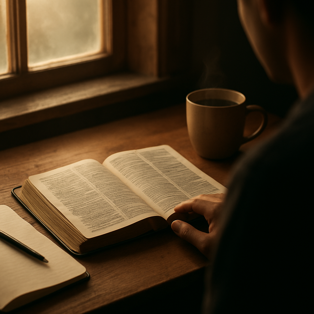 A cinematic, photorealistic scene of a person sitting at a wooden desk, Bible open to Psalm 73, soft morning light streaming through a window, a journal and a steaming cup of tea nearby, evoking a reflective, spiritual atmosphere. Alt: 