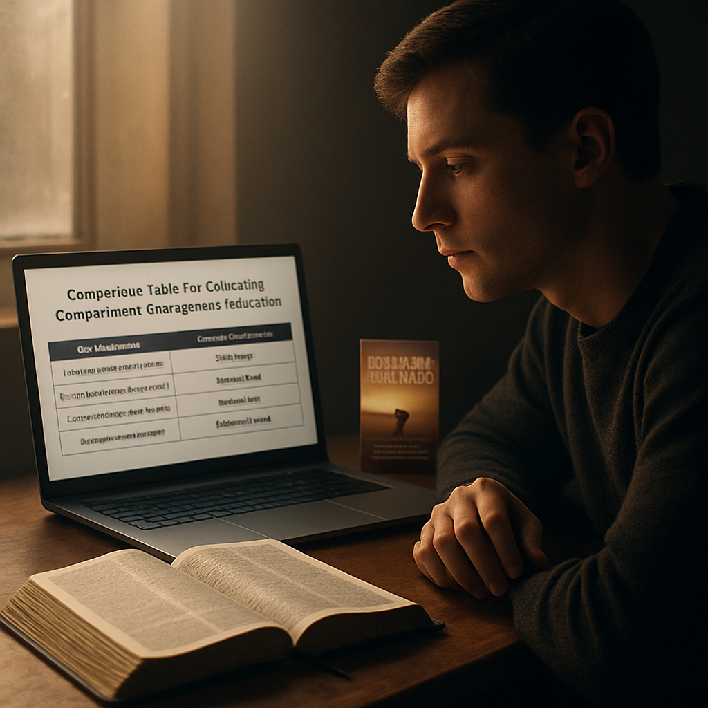 A cinematic, photorealistic scene of a person sitting at a wooden desk, open Bible beside a laptop displaying a comparison table, soft sunrise light filtering through a window, highlighting a calm, focused expression. Alt: Comparison table for cultivating contentment through God’s promises.