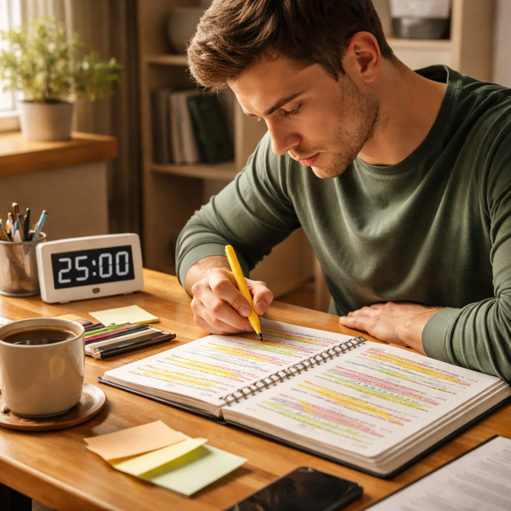A photorealistic scene of a focused student at a desk with a timer, a notebook full of highlighted pages, and a cup of coffee, representing the process of assessing reading goals and planning interval sessions. Alt: Assess reading goals for interval-based study