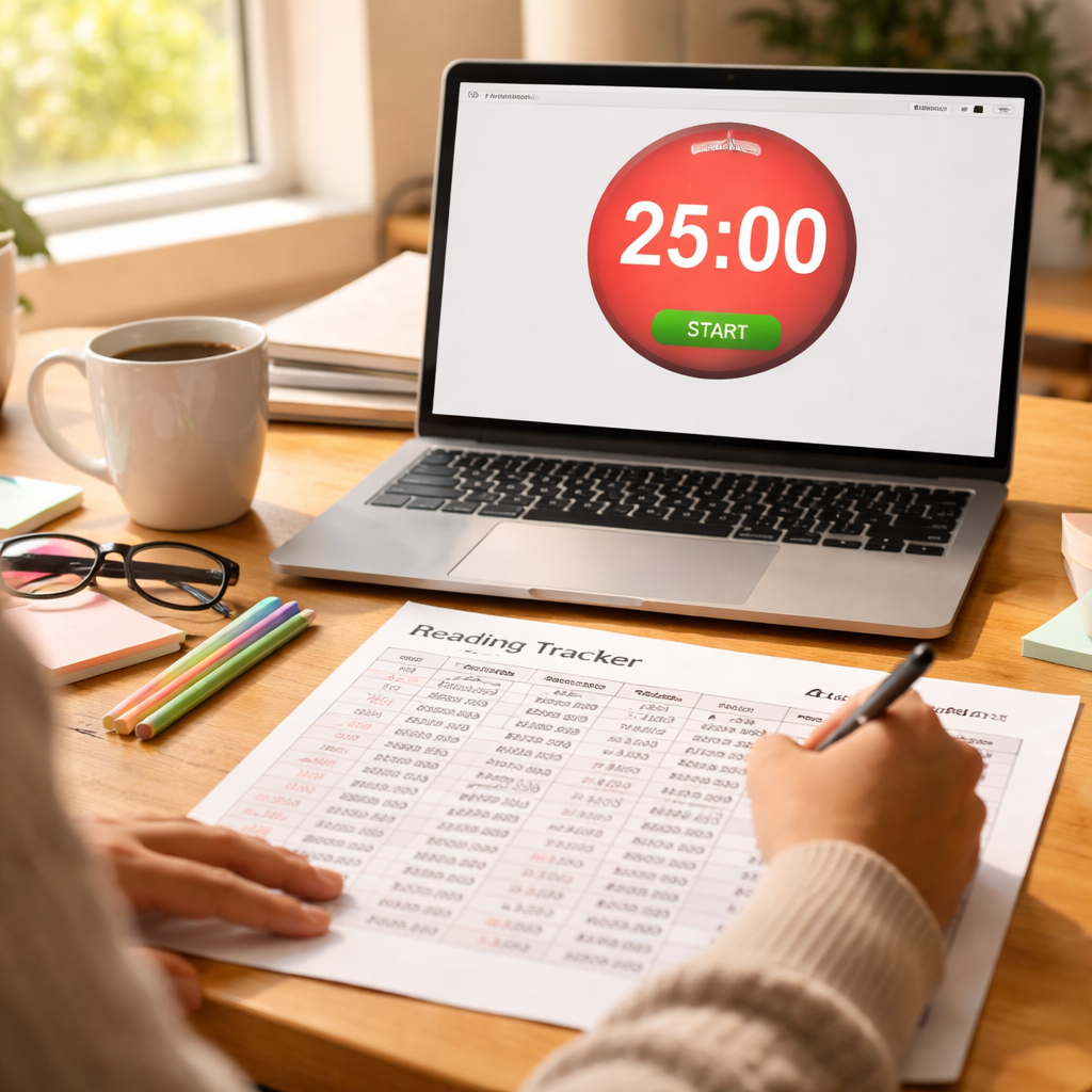 A photorealistic scene of a student at a desk with a laptop open, a printed spreadsheet showing reading intervals, a coffee mug, and a Focus Keeper timer icon on screen, natural daylight streaming in, realistic style, appealing to students, remote workers, freelancers, and busy professionals. Alt: Tracking reading progress with intervals and refining rhythm.