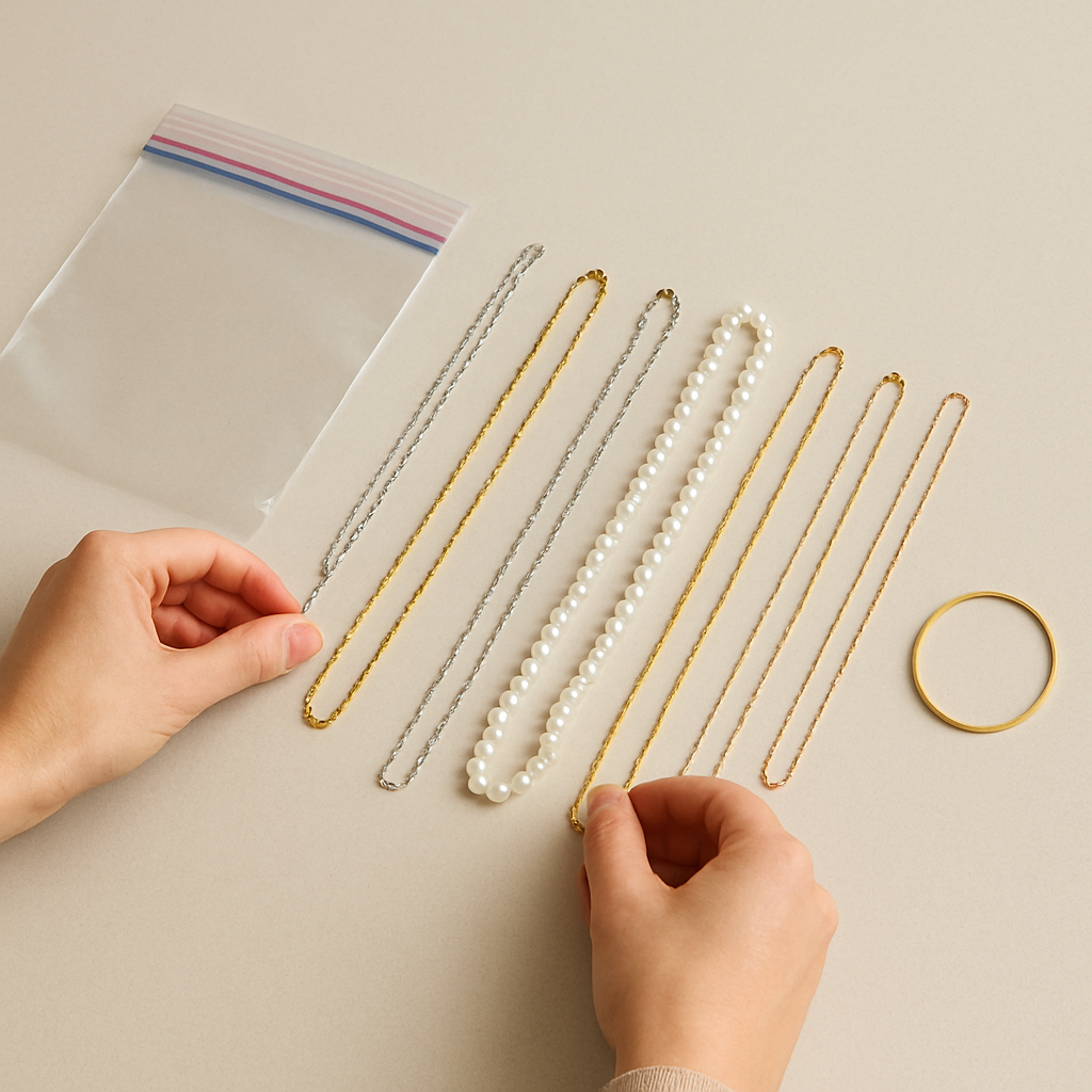 A traveler arranging necklaces by length and material on a clean surface, with a clear zip‑lock bag and a rubber band visible. Alt: Organized necklaces by length and material. 
