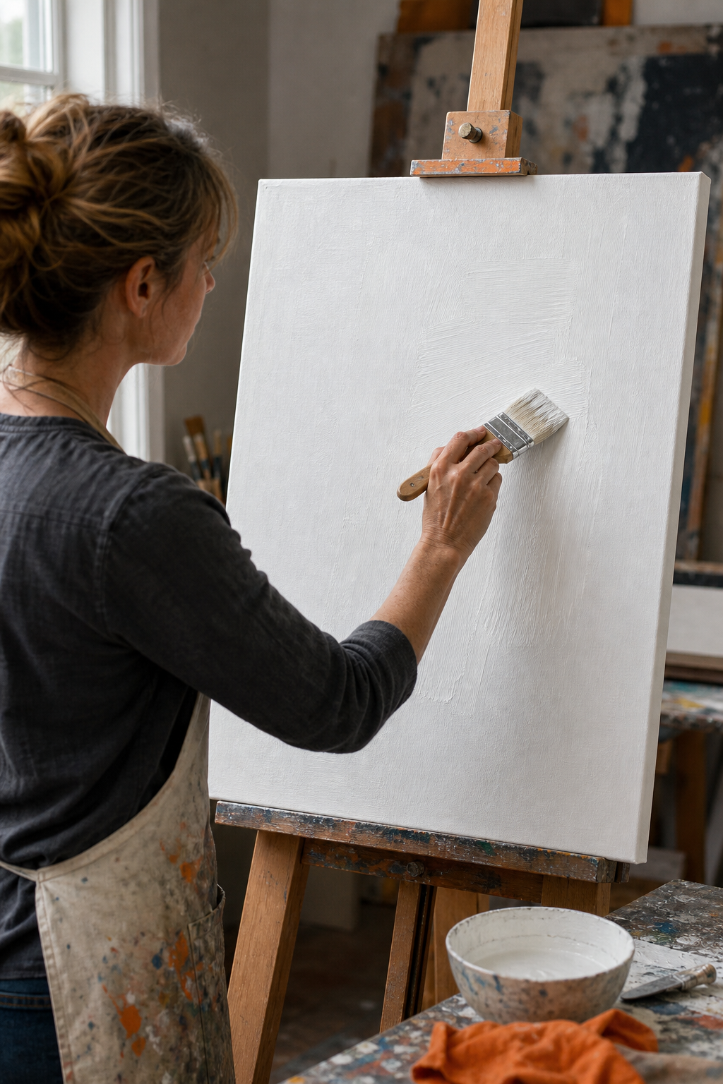 A realistic depiction of a painter priming a stretched canvas with gesso on a wooden easel, showing the texture of the primed surface. Alt: priming canvas with gesso