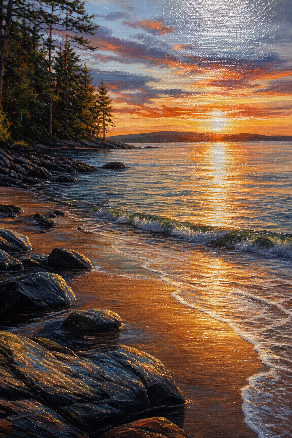 A close-up of a finished acrylic painting on canvas, showing fine details, highlights, and a protective varnish coat. Alt: finished acrylic canvas artwork with varnase