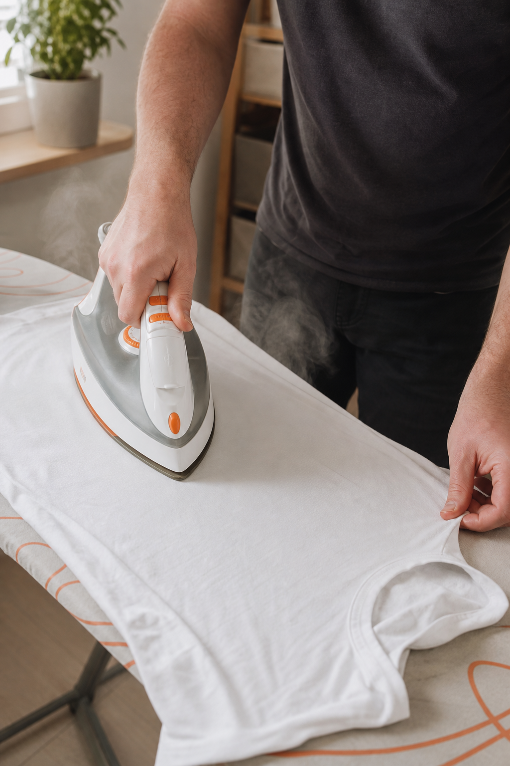 A realistic photo of a person ironing a white cotton t-shirt laid flat on an ironing board, steam rising slightly. Alt: ironing fabric before painting with acrylics to remove wrinkles