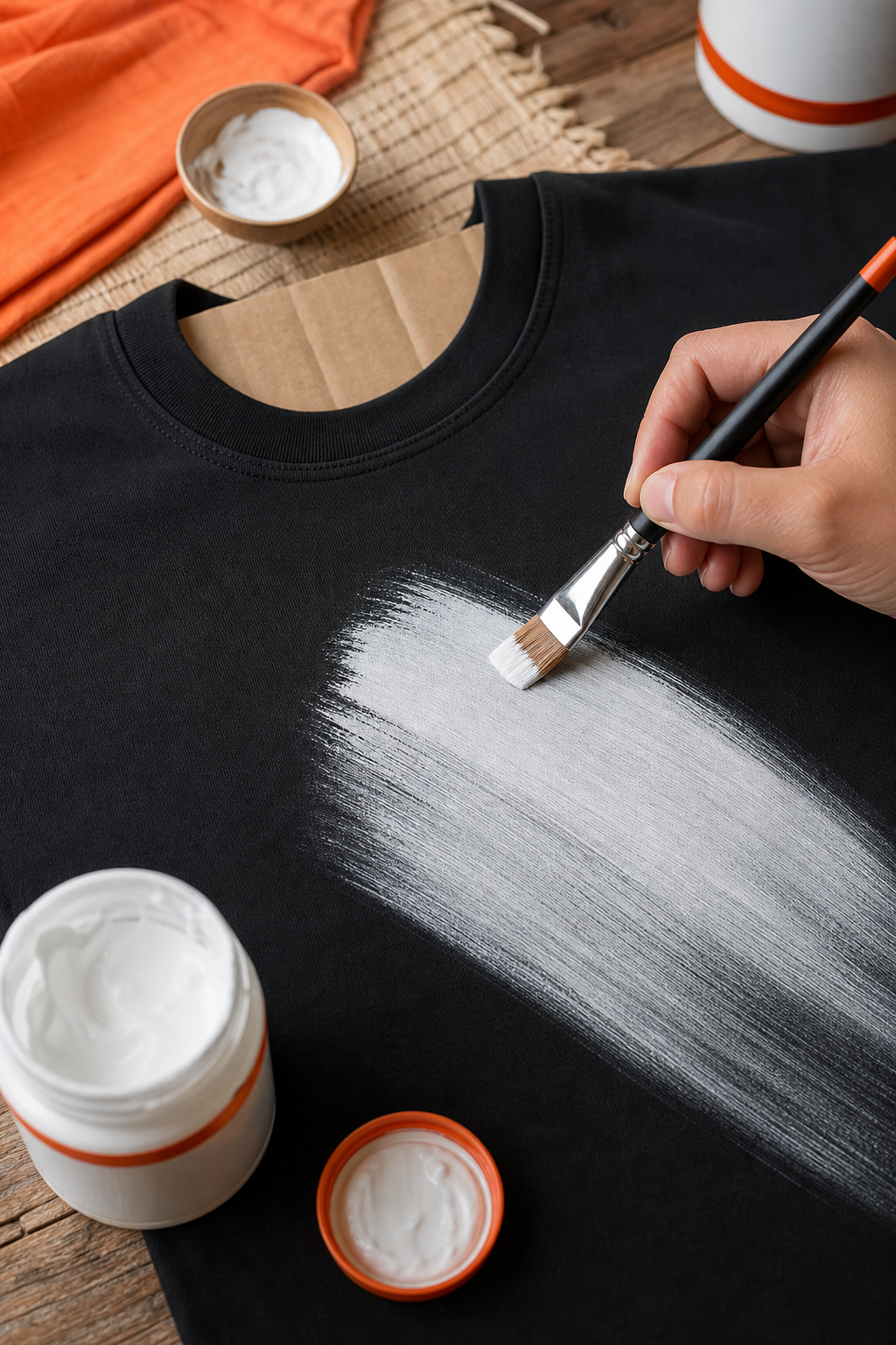 A close-up photo of a hand using a flat synthetic brush to apply thin, even strokes of white fabric paint onto a black cotton t-shirt, with a cardboard insert visible inside the shirt. Alt: applying thin layer of acrylic fabric paint on a t-shirt with a flat brush