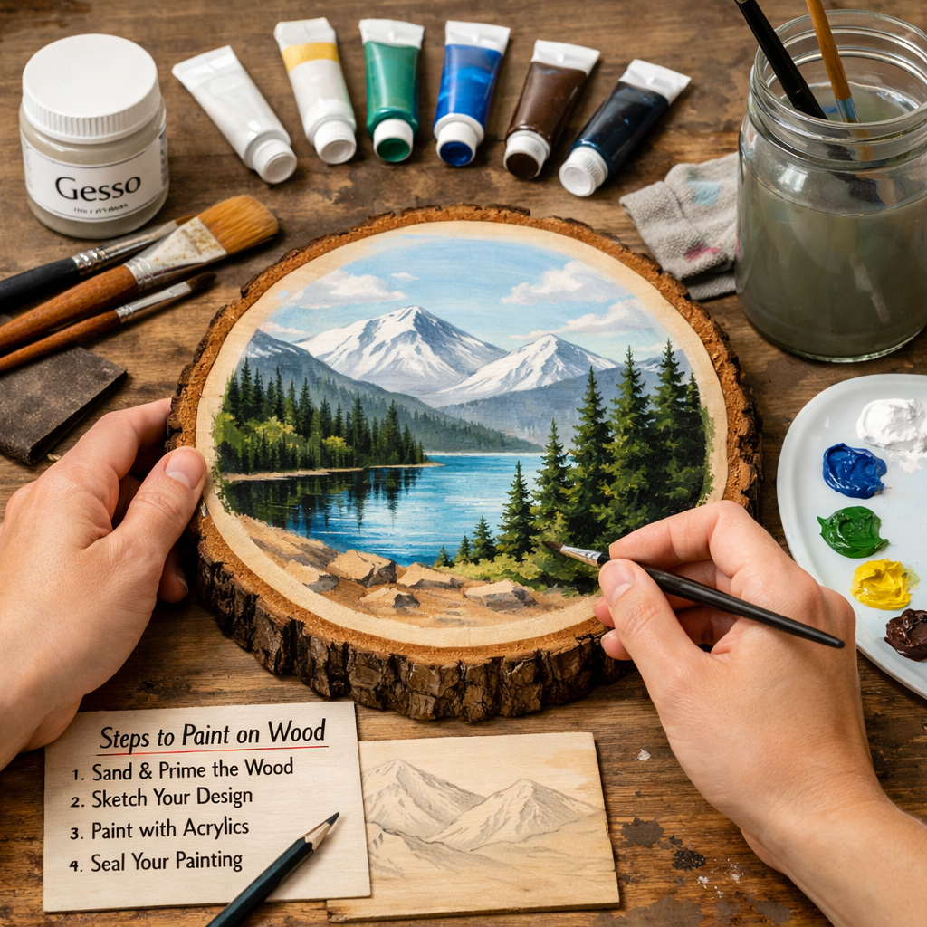 A photorealistic image related to how-to-paint-on-wood-with-acrylics. Alt: how-to-paint-on-wood-with-acrylics