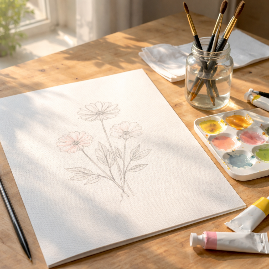 A photorealistic scene of a bright, sunlit studio table with heavyweight watercolor paper laid flat, a soft graphite sketch of a simple flower composition visible, a set of synthetic brushes, a small palette with diluted gouache washes, and natural daylight streaming through a nearby window, highlighting the texture of the paper. Alt: Beginner gouache sketching setup in realistic style.