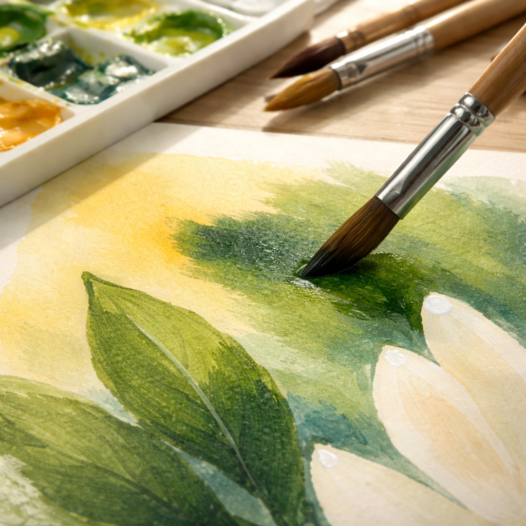 A photorealistic close‑up of a beginner’s gouache painting in progress, showing a light yellow base wash with dark green shadows being blended using a damp round brush, a dry‑brushed texture on a leaf, and a tiny opaque white highlight on a petal tip. The scene includes a tidy workspace with synthetic brushes, a palette, and natural daylight streaming onto the paper. Alt: Beginner gouache blending details and texture example.