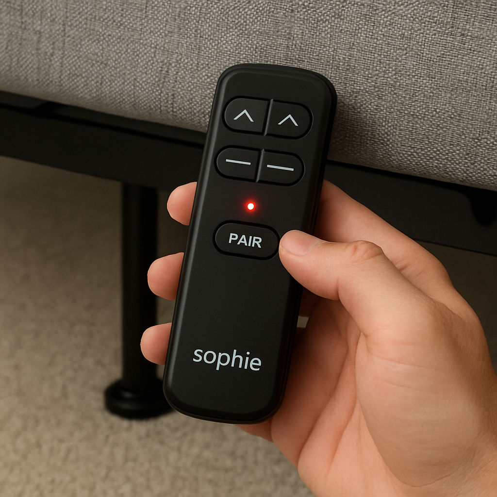 A person holding a black Sophie remote next to the bed's underside, showing the Pair button and flashing LED. Alt: Pairing adjustable bed remote step 1.