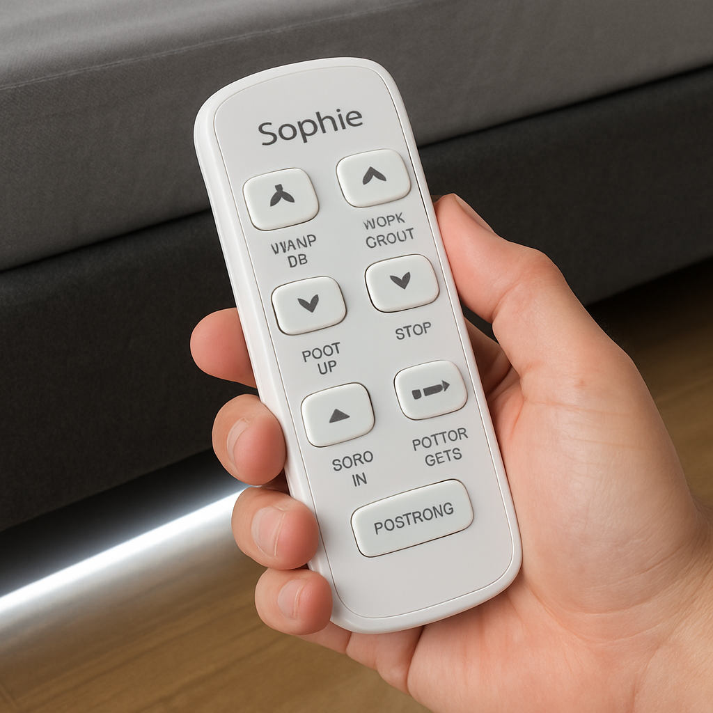 A close‑up of a hand holding a Sophie remote next to a bed base, with the white LED under the bed flashing and a finger pressing the Head‑Up button. Alt: Testing functions and troubleshooting common issues when pairing a Sophie adjustable bed remote.