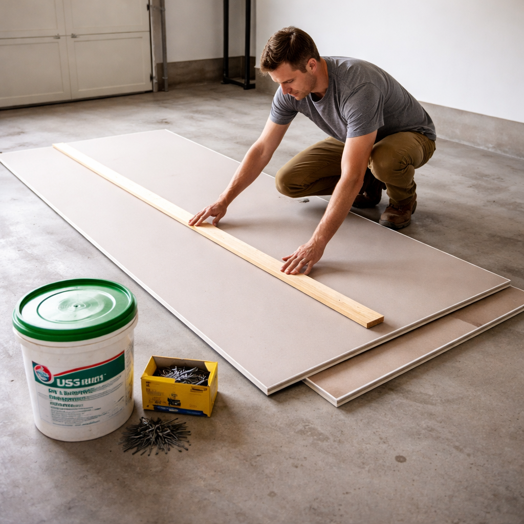 A realistic photo of a homeowner laying out drywall sheets, a 1x2 backer board, screws, and a joint compound bucket on a clean garage floor. Alt: Preparing area and gathering materials for patching a large drywall ceiling hole.